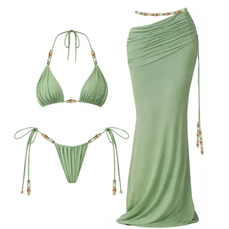 Beaded 3Pcs Bikini Sexy Women Swimsuit with Coverup - Stylish Swimwear for Beachwear