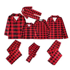 Matching red and black Christmas pajamas for family, plaid print long-sleeve lapel shirt, pants, dress, jumpsuit, dog triangular bib