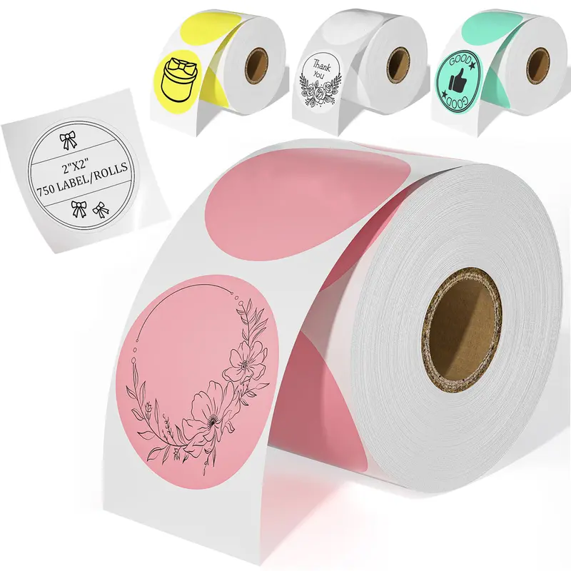 SJPACK 2" Diameter Thermal Sticker Decal, Self-Adhesive Round Roll for Thermal Label Printers, for DIY Enthusiasts’ Logos/QR Codes, Clothing Labeling, Wide Business Applicability (1 Roll - 750 Labels)