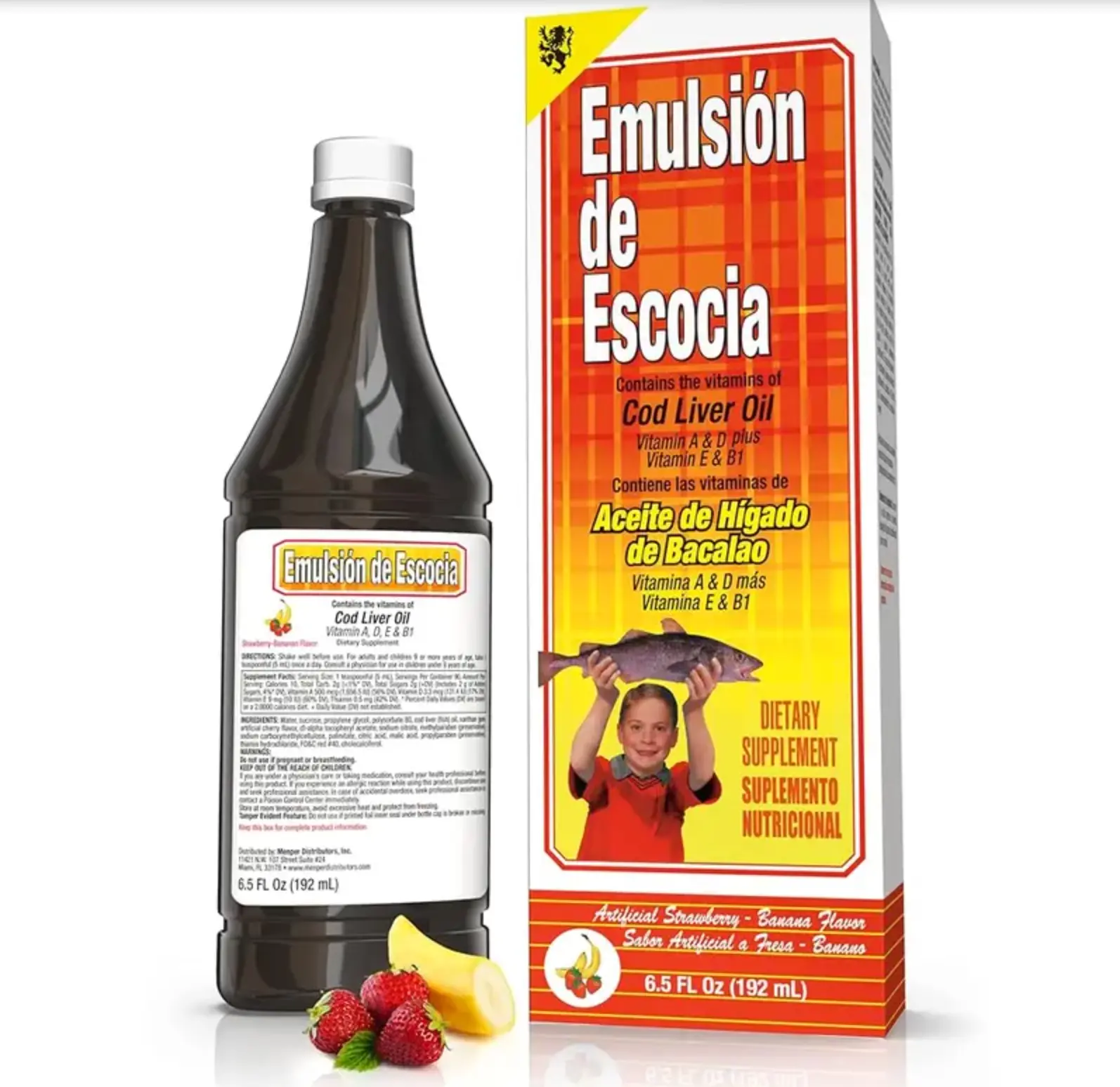Emulsion de Escocia Natural Iron-Rich Cod Liver Fish Oil Liquid Emulsion Dietary Supplement, 6.5 Oz, Strawberry/Banana Flavor, Brain Health Support, Omegas Vitamins Supplements, US-Sold Nutrition Aid