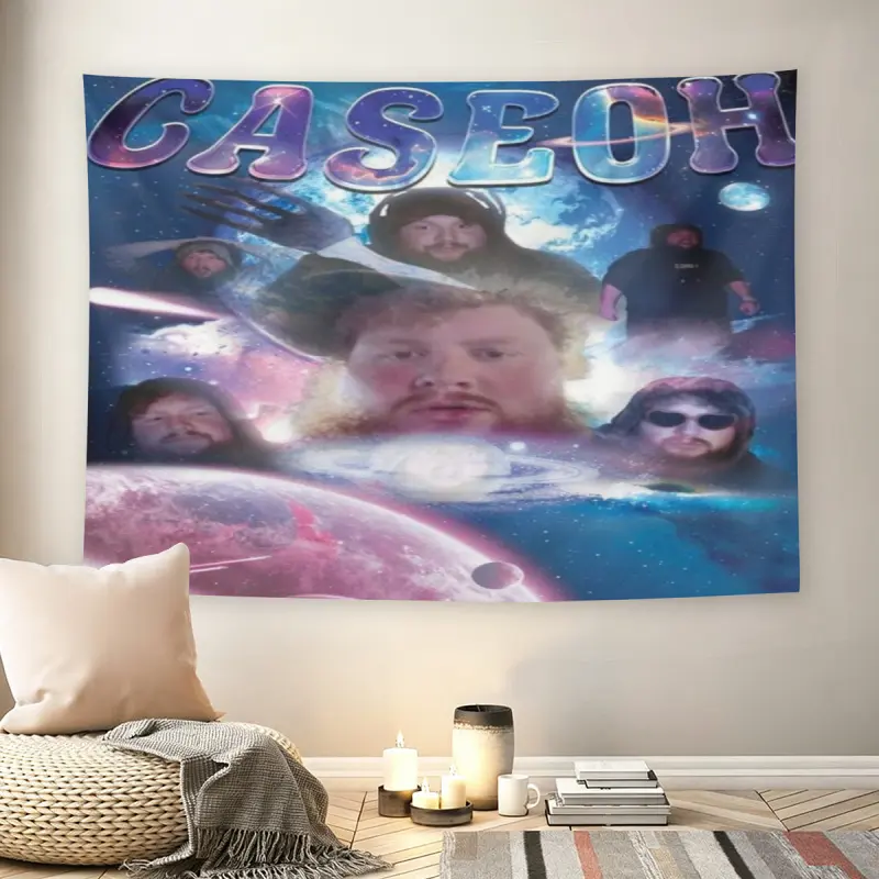Caseoh Galaxy Collage Wall Flag, Y2K 2000s Internet Aesthetic Tapestry, Mid-century Modern Black Flash Manga Style Room Decor for Adult Fans, Viral Streamer Wall Hanging