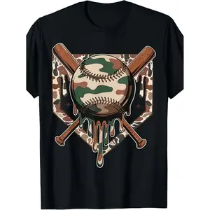 Baseball Drip for Boys Ice Cream Dripping Boys Baseball Camo T-Shirt[Cool Design] Street Trending Style Women's Tee Comfortable Cotton Round Neck Shorts Same Gender Design and Sleeves Men's T Shirts