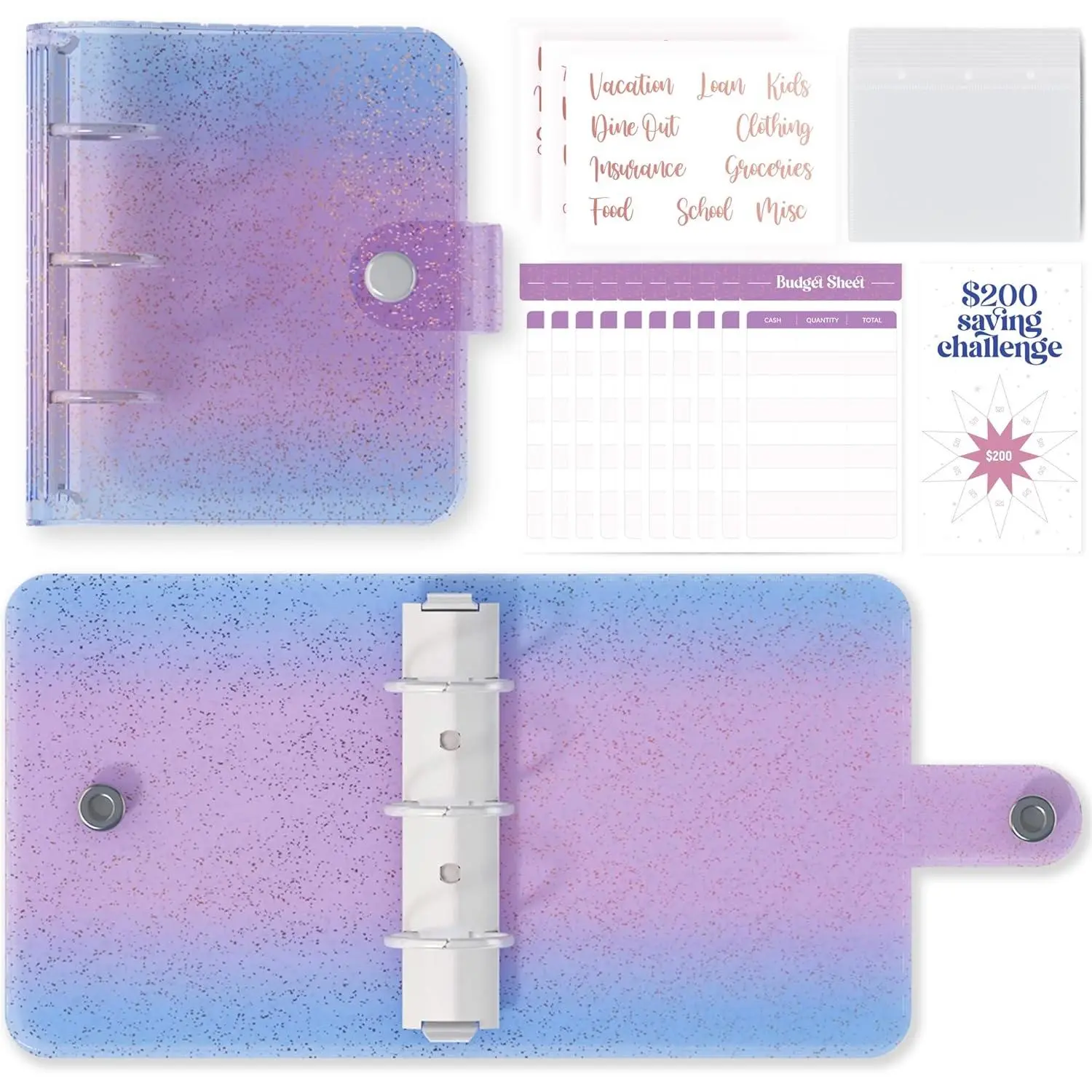 Mini Binder With  Envelopes - Cute Blue  A8 Wallet,  Organizer, 3 Ring Binder, Clear Budgeting Planner for  Savings