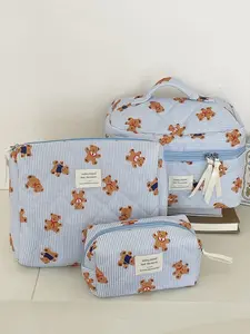 Cute Cartoon Bear Pattern Makeup Bag Set, 3 Counts Portable Cosmetic Organizer Pouch, Zipper Makeup Bag, Handheld Cosmetic Pouch, Versatile Storage Bag for Travel, Vacation and School Use