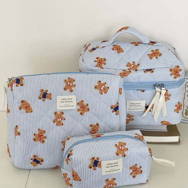 Cute Cartoon Bear Pattern Makeup Bags Set, 3 Counts Portable Cosmetic Organizer Pouch, Zipper Makeup Bag, Handheld Cosmetic Pouch, Beauty Storage Pouch, Versatile Storage Bag for Travel, Vacation and School Use