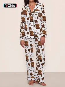 【Highland cattle】Women's Cartoon Cow Animal Print Pajama Set, Long Sleeve & Pants, Elastic Waistband, Comfortable Home Wear Loungewear, Fall Winter