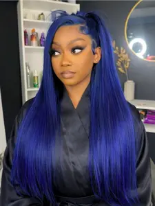 Navy Blue 13x4 Lace Front Wigs HD Transparent Lace Frontal Wig Free Part Pre-Plucked Naturail Hairline Blue Concert Look Straight Wig Coachella Festival Look Heat Resistant Synthetic Wig for Women Party Concert Stage 28 Inch