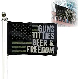 Bourbon Guns Titties Beer & Freedom Flag Patriotic Outdoor House Flags and Courtyards Flags for Porch Garden Decor (3x5 ft)