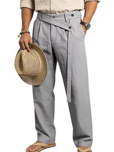 American Vintage Asymmetric Waist Belted Linen Pants, Loose Fit Wide Leg Trousers, Holiday Style, Spring & Fall Fashion