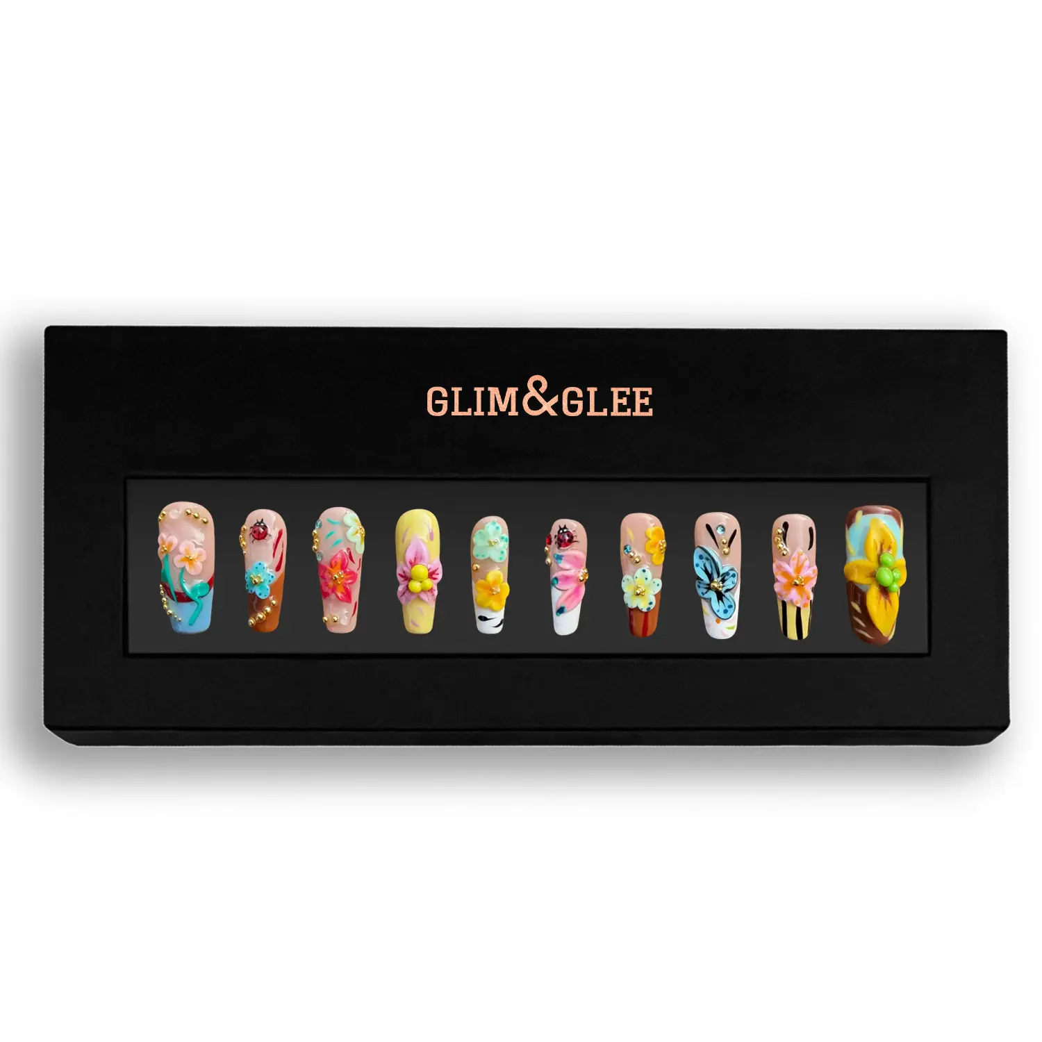 Glim&Glee Handmade Anti-Wrinkle Acrylic Press on Nails, 3D Floral & Gold Bow Accents Design False Nails Set in Black Box, Reusable Luxury Artificial Nails for Women