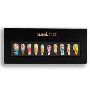 Glim&Glee Handmade Anti-Wrinkle Acrylic Press on Nails, 3D Floral & Gold Bow Accents Design False Nails Set in Black Box, Reusable Luxury Artificial Nails for Women