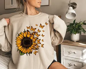 Sunflower And Flying Butterflies Sweatshirt, Cute Sunflower Sweater, Sunflower And Flying Butterflies Sweatshirt, Cute Gift For Women