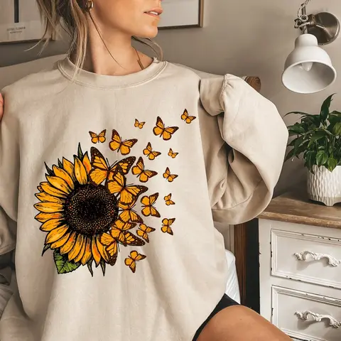 Sunflower And Flying Butterflies Sweatshirt, Cute Sunflower Sweater, Sunflower And Flying Butterflies Sweatshirt, Cute Gift For Women