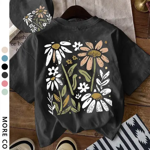 Women's Floral Print Round Neck Soft Breathable Fit Tee, Beachy Tee, Fashion Casual Crew Neck T-Shirt for Everyday Daily Holiday Vacation Outdoor Wear, Ladies Clothes for Summer, Black Top, Womenswear