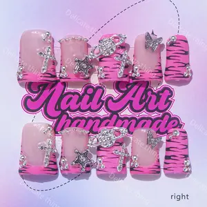 Delicatething Y2K Style Duckbill Nail Set Handmade Press On Wearable Nails, 3 Sizes S M L, Star Cross Planet Butterfly Design, Perfect Gift for Girls, Handmade Reusable Nails