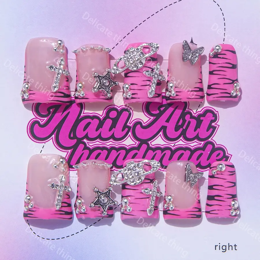 Delicatething Y2K Style Duckbill Nail Set Handmade Press On Wearable Nails, 3 Sizes S M L, Star Cross Planet Butterfly Design, Perfect Gift for Girls, Handmade Reusable Nails, Decorative Nails Fake Nails