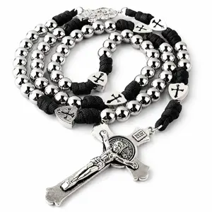 Catholic Rosary Necklace with Crucifix Pendant for Men, Silver Tone Beaded Paracord Rosary, Christian Prayer Beads for Daily Devotion, Reflection, Church, Religious Gift
