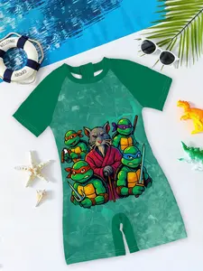 Boys' One-piece Swimsuit "Teenage Mutant Ninja Turtles Sun Protection Style" Teenage Mutant Ninja Turtles cartoon print + contrast-color raglan sleeves, skin-friendly and non-sweaty, suitable for playing in the pool / at the beach / in the water park