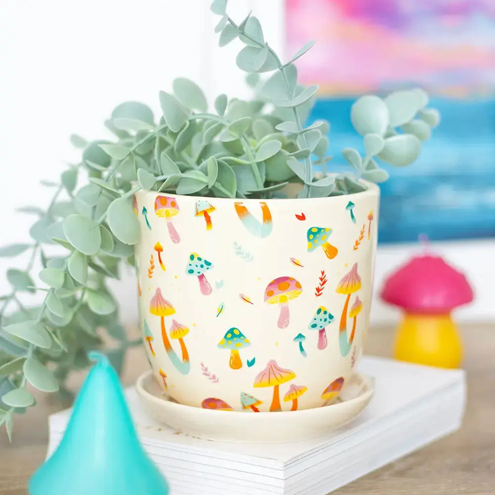Eclectic Mushroom Design Plant Pot with Matching Saucer - Vibrant Dopamine Decor, Easy-Cleaning Home Improvement, Garden Supplies Decor Flower Planter