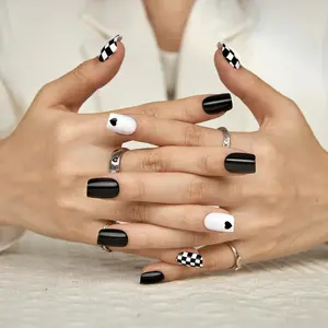 ZoeWho? Unfiltered Heartache Press On Nails Short Square Glossy Checkerboard Black & White Print - Reusable - Pre-GluedHeart-ache