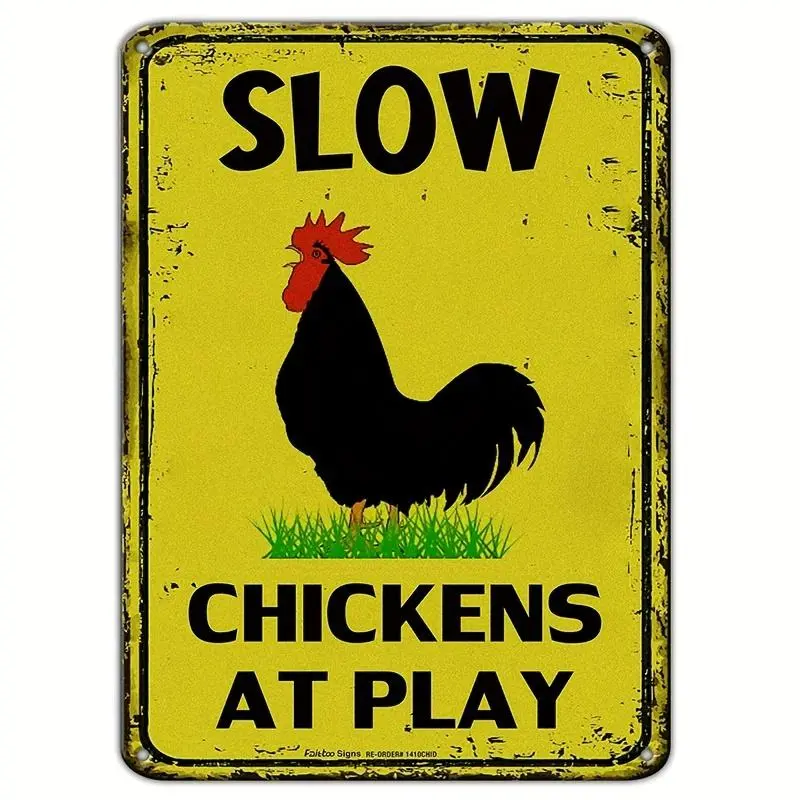 Slow Chickens At Play Caution & Chicken Crossing Metal Wall Sign - 12x8 in Rust-Free Reflective Aluminium Plaque with Display Racks, Farmhouse Signs, Room Decor, Fade-Resistant, UV-Protected, 7-Year Weatherproof Indoor/Outdoor Home Supply Decor