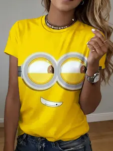women's short sleeve T-shirt Minion Face With Goggles And Smile 3D full-frame printing spring and summer fashion trend sports women's soccer jersey mom loose solid summer polyester cute