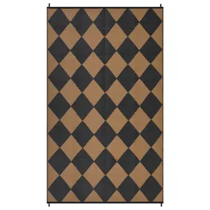 Reversible Outdoor Rug, 8x10 ft Plastic Black Brown Rectangular Modern Geometric Rug for Beach, Patio & RV Camping Use