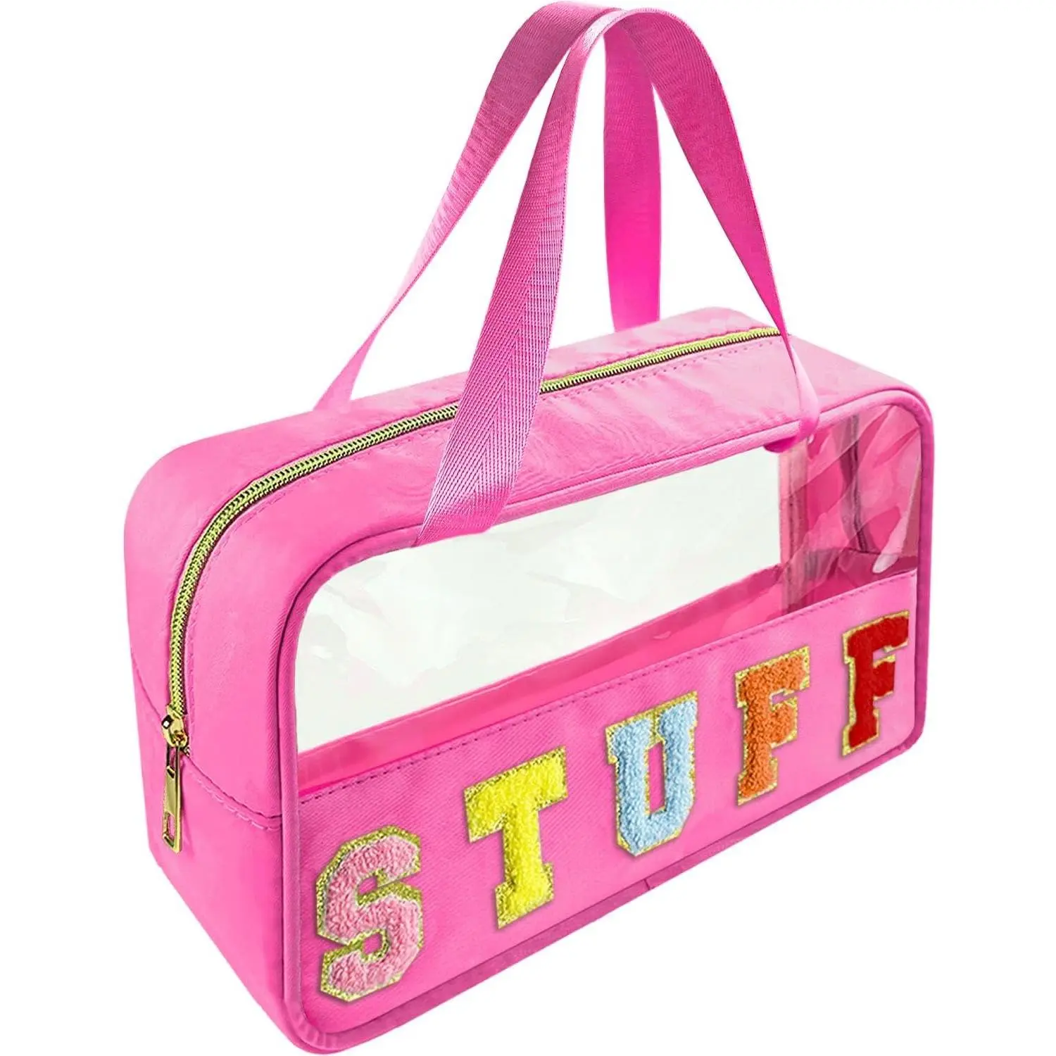 Chenille Letter Clear Makeup Bag Stuff Patch, Travel Toiletry Makeup Bag with Handle, Nylon  Makeup Bags clear  bag, preppy patch makeup bag for Women (STUFF-Hot Pink)