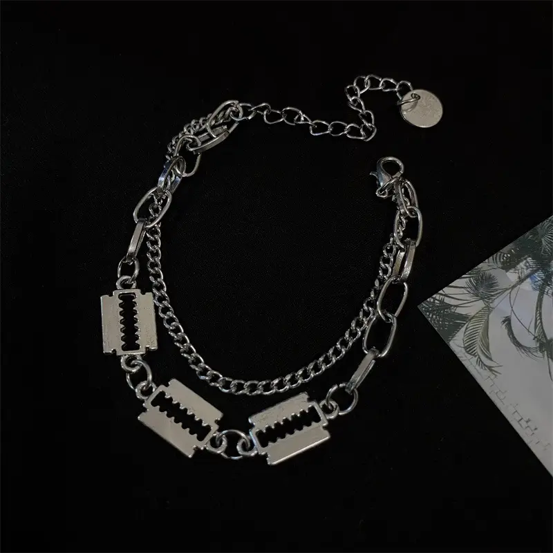 Gothic Double Layer Razor Blade Charm Bracelet, Silver Mixed Link Punk Grunge Adjustable Wrist Chain