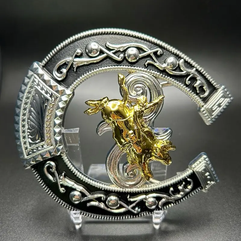 Silver Horseshoe Buckle with Gold Bull Rider Ornate Design for Western Wear