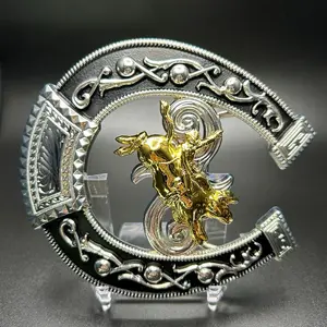 Silver Horseshoe Buckle with Gold Bull Rider Ornate Design for Western Wear