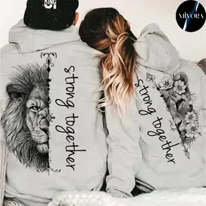 Lion Couple Hoodies Strong Together Graphic Hoodie Casual Fleece Fabric Pullover Hooded Sweatshirt for Women for Men, couples matching outfits