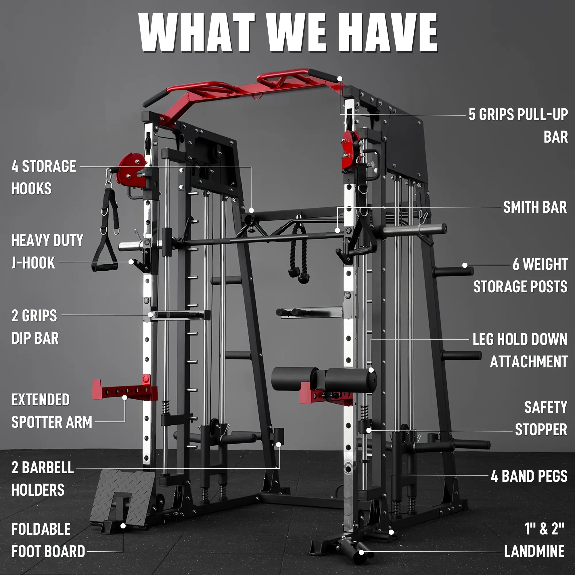 Home Gym with a Smith Machine, Featuring a 2200 Lbs Power Rack Cage, Cable Crossover, Weight Bar, 360° Landmine, Barbell Holders, And Various Attachments for Comprehensive Body Strength Training