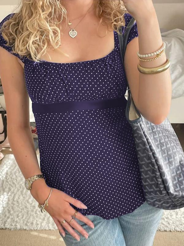 Polka Dot Square Neck Tie Top, French Vintage Style Slim Fit, Perfect for Daily and Dates, Women's Fashion