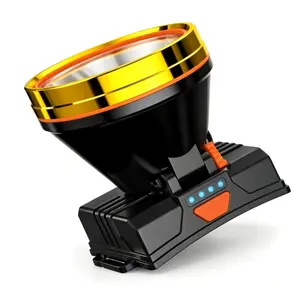 LED Headlamp with Gold Bezel Ring - High-Lumen Rechargeable Outdoor Mining Light - Multi-Mode Hands-Free Cap Flashlight with 4-Grid Blue Power Indicator for Camping and Working