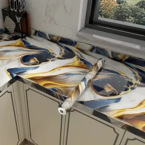 1 Roll 15.7 x 118 Inches PET Gilt Marble Self-Adhesive Oil-Proof Sticker, Thickened Waterproof Heat-Resistant Kitchen Wallpaper, Gold Vein Luxury Design Easy Clean Peel and Stick, for Stove Backsplash Cabinet Refinish, Removable Home Improvement Contact P