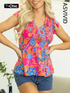 Women's Elegant Floral Print Blouse Top with Chest Smocking and Ruffled Flutter Sleeves