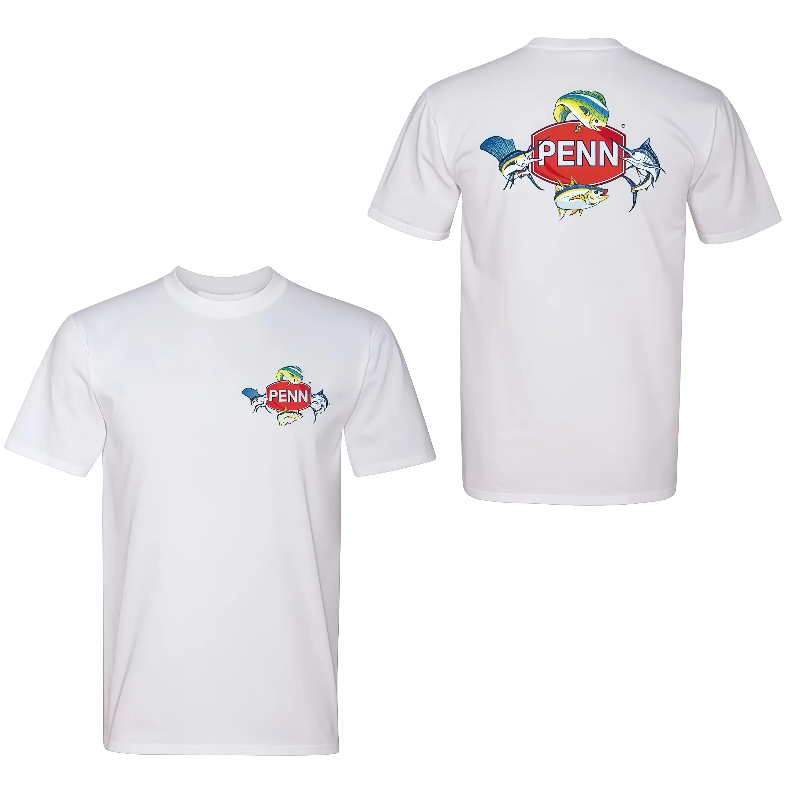 Men's Cotton Short-Sleeve Round Neck Casual T-Shirt - Penn Fishing Offshore Sportfishing Graphic Tee, Saltwater Game Fish Design with Mahi Mahi, Tuna, Sailfish, Coastal Angler Lifestyle Shirt, Shortsleeve, Men's T Shirts