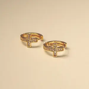 #3021 Gold Hoop Earrings with Cross Embellishment, Fashion Costume Jewelry Accessories, Cross Embellishment Earrings