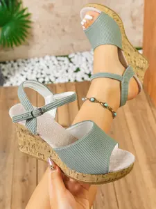 Women's Simple Striped Wedge Sandals, Soft Wood Thick Sole Height Increase, Adjustable Ankle Strap, Two Colors Available, Summer Footwear, Stylish