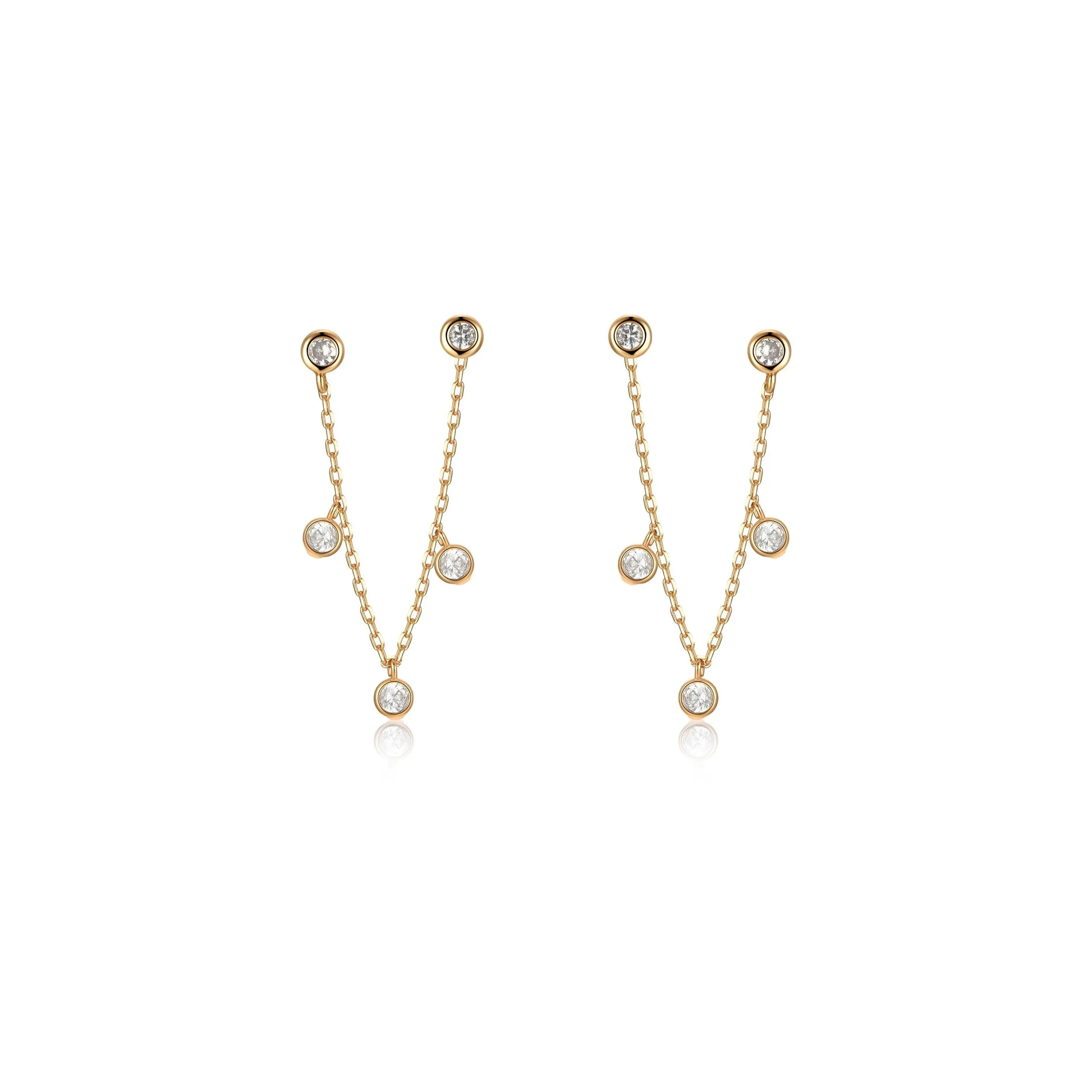 Ettika Double Piercing Multi-Crystal Dangle Earrings 18kt Gold Plated Brass CZ Fashion Jewelry