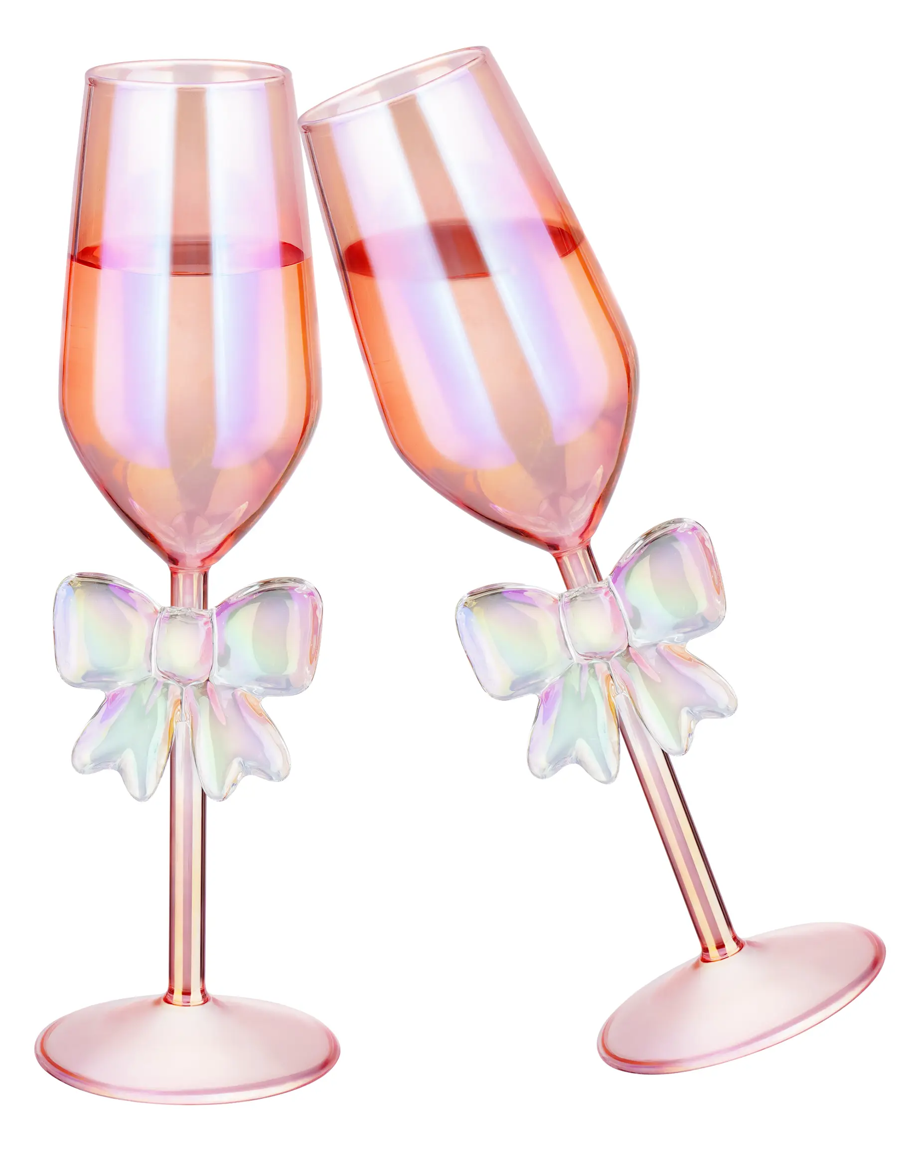 NiHome 2-Pack 10.5oz Premium High Borosilicate Drinking Glasses, Handcrafted Iridescent Rainbow Hues Bow Base Decorative Pink Flutes (0-500 ml), for Women’s Weddings, Birthdays, Camping, Birthday, Premium Drinking Glasses