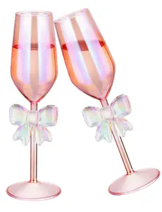 NiHome 2-Pack Pink Iridescent Champagne Flutes with Bow Base for Women, 10.5oz Handcrafted High Borosilicate Glasses, Elegant Rainbow Glassware for Wedding Party Celebration, Unique Tall Drink Cups