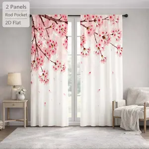 2Pcs Japanese Style Cherry Blossom Pink Floral Sun Blocking Curtains Digital Printed Rod Pocket, Window Treatment For Bedroom Office Kitchen Living Room Study Home Decor