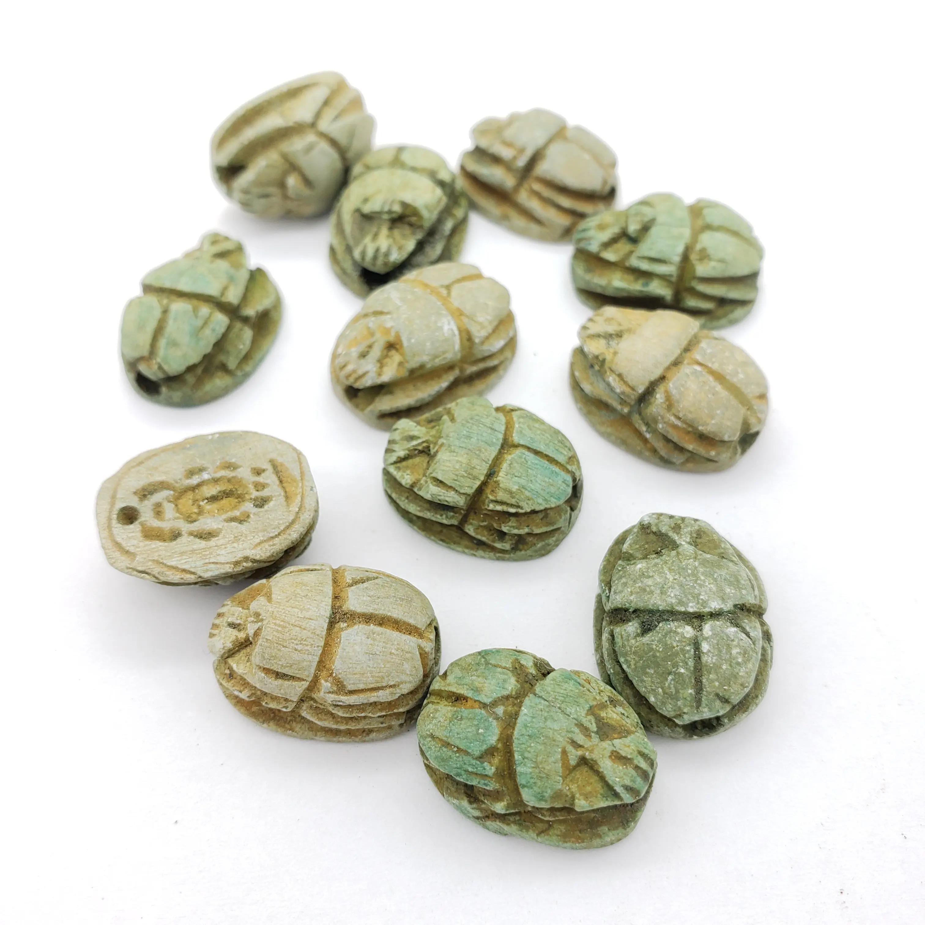Discoveries Egyptian Imports Ancient Inspired Green Soapstone Egyptian Scarab Beads Set - 12 Pieces, DIY Craft Supply for Beading & Jewelry Making