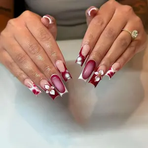 24-Piece Medium Square Fake Nails, Nail Art Design, Burgundy Gradient Base with Flowers & Polka Dots, Glossy Finish, Perfect for Multiple Styles
