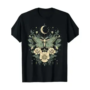1pc Goblin Moth & Moonflower Graphic T-Shirt - 100%, Casual Crew Neck, Short Sleeve, All-Season Fabric, Slight Stretch, Regular Fit, Digital Heat Transfer Print Menswear Top