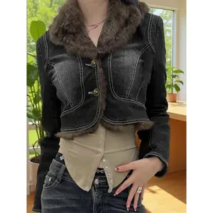 Women's Vintage Faux Fur Patchwork Denim Jacket - Japanese Korean Aesthetic, Soft Faux Fur Trim & Distressed Denim Detail, Relaxed Fit for Casual Daily Wear, Street Style & Fall/Winter Outings