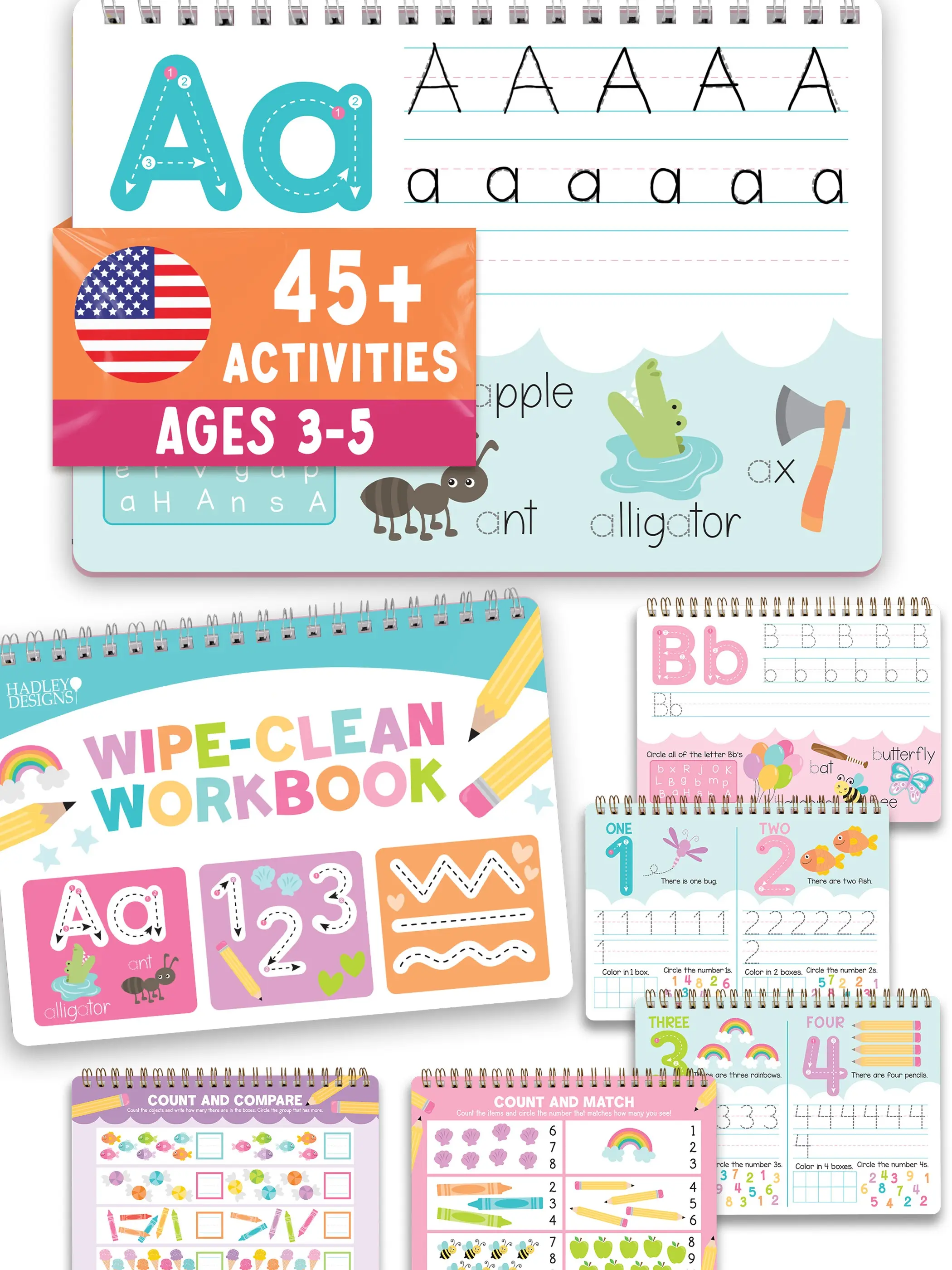 Hadley Designs Wipe-Clean Dry Erase Tracing Book, Preschool Learning Materials, Interactive Office/School Supplies for Ages 3-5, Letter and Number Tracing, 45+ Activities, Boosts Handwriting/Fine Motor Skills, Homeschool Tool