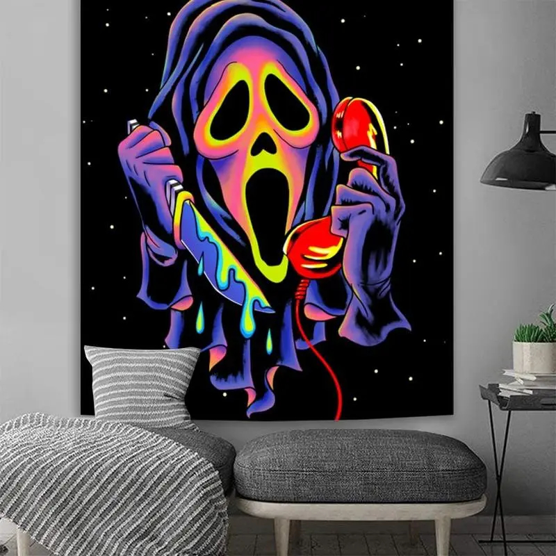 Horror Ghost Face Blacklight Tapestry, UV Reactive Tapestries Wall Hanging, Halloween Decoration Glow in The Dark Party Backdrop Tapestry for Bedroom, Living Room summerwins,summerwins